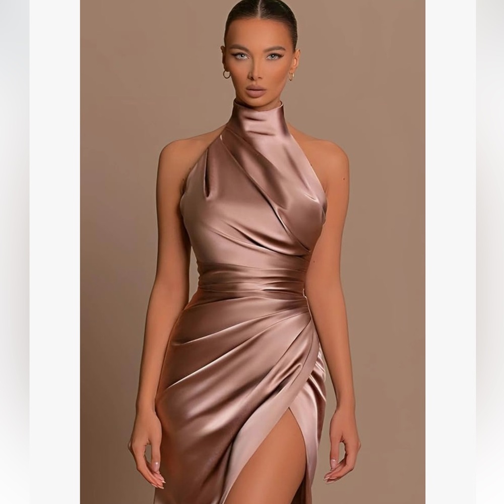 Blush Pink Satin Dress Gown Bridesmaid Prom Halter Pleated Mermaid Corset slit - Picture 3 of 10